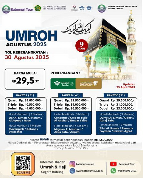 Paket Umrah Reguler , Umrah 9D , BTT –Ast,  Keberangkatan 30  Agustus 2025